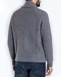 Macro view of grey rib-knit cardigan with detailed vertical texture and stand-up collar