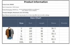 Detailed size chart for men's two-tone knit cardigan with acrylic fabric specifications