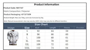 Detailed size guide table for men's high collar knit cardigan with fabric specifications