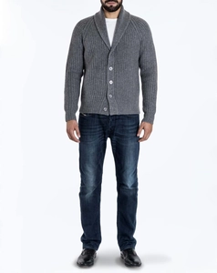 Detailed close-up of men's shawl collar cardigan in grey waffle knit with buttons