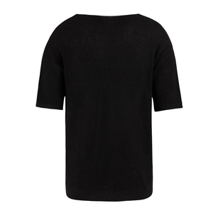 Detailed view of the black short sleeve knit top showing the fine ribbed texture and fabric