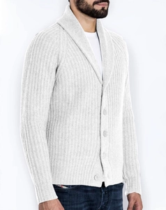 Detail of light gray shawl collar knit cardigan with vertical ribbed texture and buttons