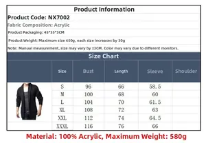 Detailed size chart and fabric info for men's high neck cardigan sweater with pockets