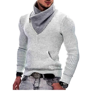 Detail of men's white knit sweater showing gray turtle neck with side metal zipper