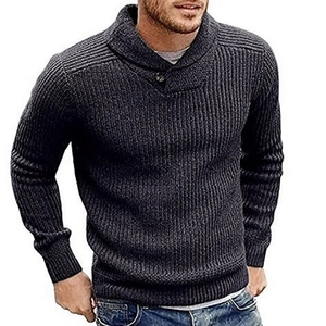 Detailed close-up of a men's slim fit knit sweater featuring a shawl collar and button