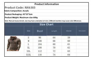 Size chart for men's hooded knit sweater with bust, length, and sleeve measurements