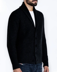 Detail of men's ribbed knit cardigan with shawl collar and button closure in charcoal