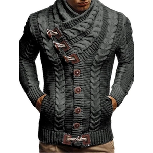 Men's dark grey knit cardigan with cable pattern and three leather buckle closures