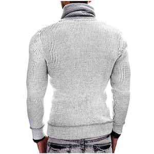 Rear view of light grey turtleneck sweater featuring ribbed knit texture and slim fit