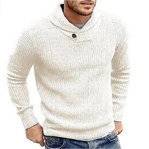 Detailed view of men's cream white knit sweater with shawl collar and button closure