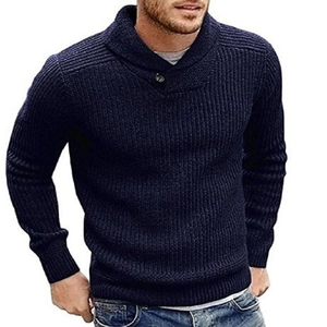 Men's slim fit knit sweater in navy blue with a shawl collar and ribbed texture