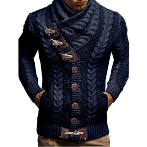Men's navy chunky knit cardigan featuring shawl collar and wooden toggle buttons