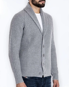 Detail of grey ribbed knit shawl collar cardigan for men with textured fabric and buttons