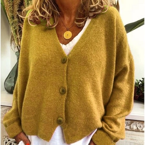 Women's V-neck knit cardigan with long sleeves and yellow mustard loose fit design