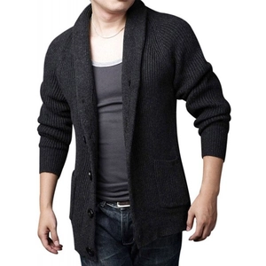 Men's dark grey shawl collar knit cardigan with vertical stripes and front pockets