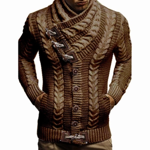 Brown men's knit cardigan with cable stitch, high neck, and decorative leather buckles