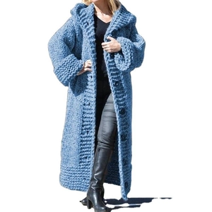 Women's light blue chunky knit hooded long cardigan with oversized textured cable stitch