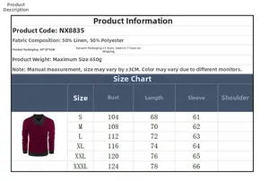 Detailed size chart for men's V-neck knit sweater with fabric specs and measurements