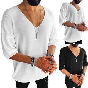 Men Casual Knitted Shirt Deep V Neck Short Sleeve Cotton Blend Loose Fit Drop Shoulder Solid Color Breathable Top Male Clothes
