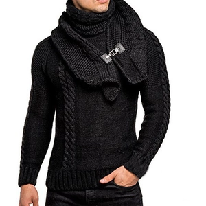 Men's black cable knit sweater with detachable cowl neck scarf and leather metal buckle