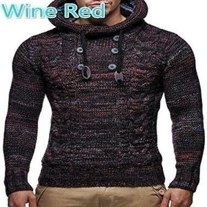 Slim fit men's thick cable knit hooded sweater in wine red with button collar detail