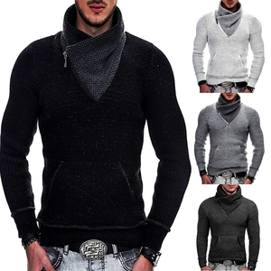 Men Slim Fit Knitted Sweater Zipper Cowl Neck Kangaroo Pocket Long Sleeve Pullover Winter Warm British Style Knit Tops