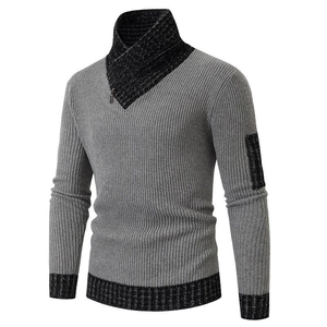 Slim fit men's knit sweater in grey colorblock with crossover high neck and decorative patches