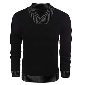 Close-up of men's knit sweater with black body and grey striped ribbed shawl collar