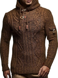 Men's slim fit knit hoodie with horn buttons and cable texture in dark caramel color