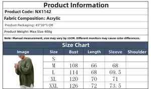 Size chart for men's acrylic knit sweater with detailed measurements and product info