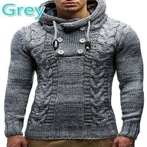 Men's grey cable knit turtleneck hoodie with double-breasted collar for autumn winter