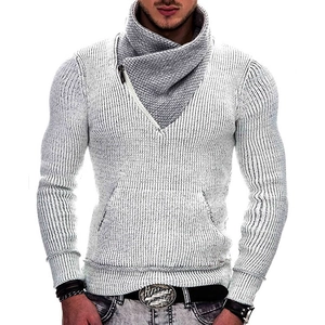 Men's white slim fit knit sweater with asymmetric grey zipper turtleneck and pocket