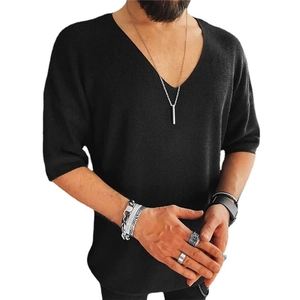 Men's casual black V-neck knitted t-shirt with short sleeves and ribbed texture