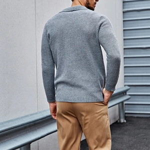 Rear view of men's grey long sleeve knitted polo sweater with textured waffle pattern