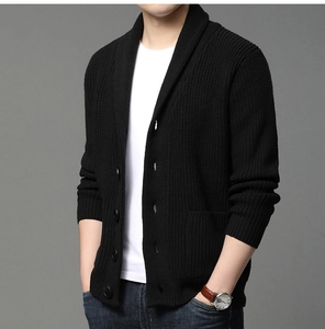 Close-up of black knit cardigan featuring a shawl collar and ribbed texture for men