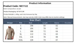 Size chart for men's knit cardigan showing chest, length, and sleeve measurements in cm