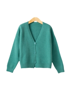 Emerald green V-neck knitted cardigan with button front closure and ribbed cuffs