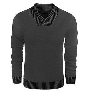 Detail of dark grey V-neck knit sweater with striped ribbed cuffs and hemline finish