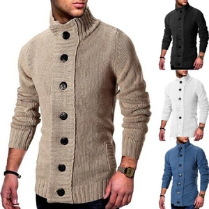 Men Knitted Cardigan Sweater Stand Collar Chunky Ribbed Knit Jacket With Buttons For Casual Autumn Winter Warm Tops