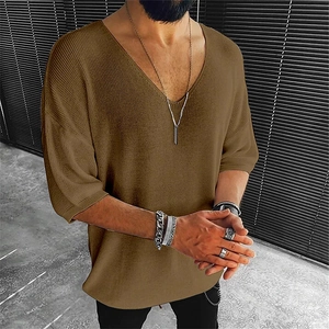 Men's brown V-neck short sleeve knit shirt in a stylish casual drop shoulder fit