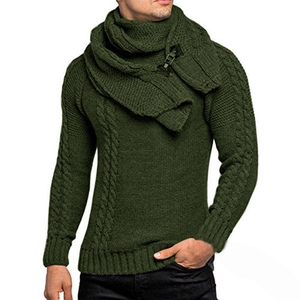 Detail of olive green cable knit sweater featuring a unique detachable neck collar buckle