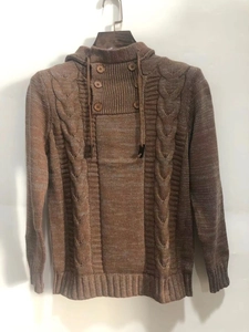 Detail of tan cable-knit sweater featuring a buttoned high collar and textured hood