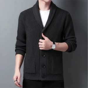 Men's dark grey shawl collar knit cardigan with buttons and pockets in a ribbed design