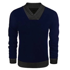 Detail of navy knit sweater showing shawl collar with black and grey striped patterns