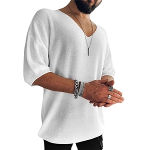 Men's casual V-neck white knit T-shirt with loose fit and relaxed dropped shoulders