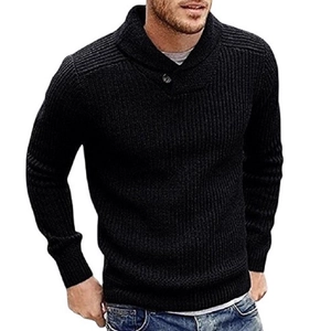 Men's slim fit black ribbed knit sweater with shawl collar and single button detail