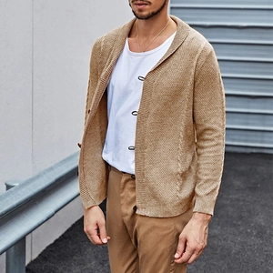 Men's khaki cable knit cardigan with shawl collar and classic button closure