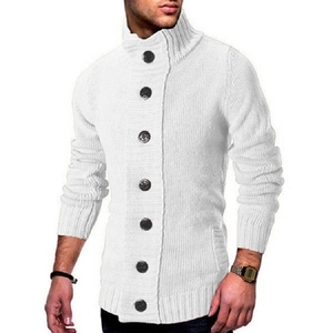 Men's white thick knit cardigan sweater with high stand collar and large black buttons