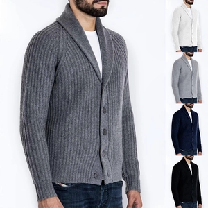 Men Shawl Collar Ribbed Knit Cardigan Sweater Long Sleeve Solid Color Warm Winter Outerwear Casual Urban Fashion Tops
