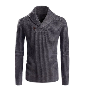 Slim fit men's dark grey shawl collar sweater with vertical knit texture and button